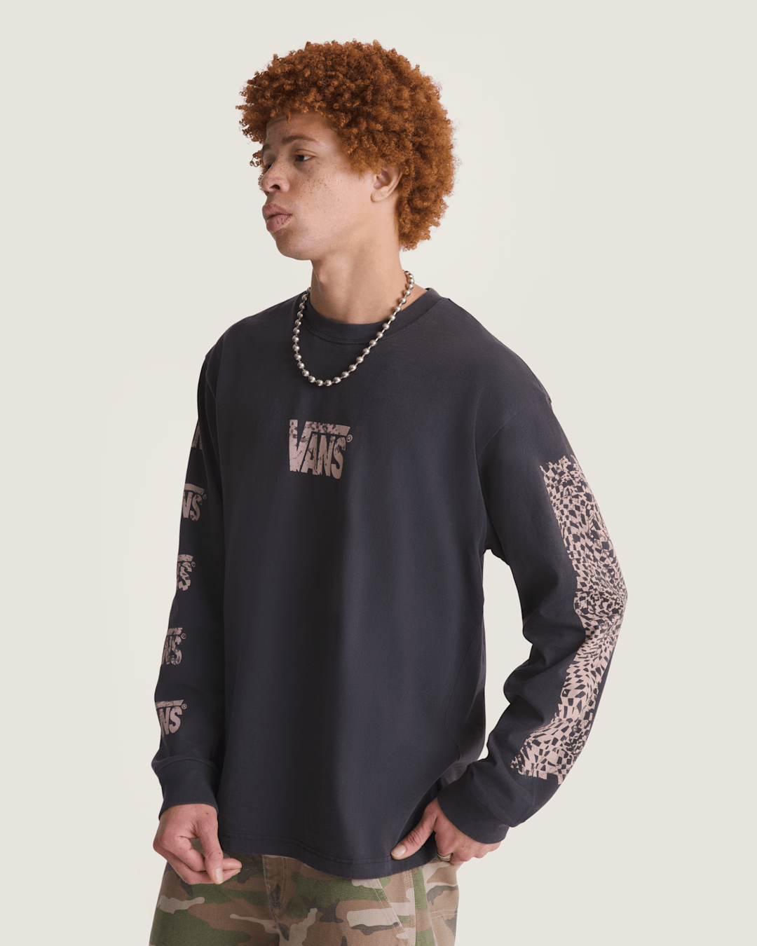 Men Vans Warped Adventure Long Sleeve T-Shirt in Faded Black