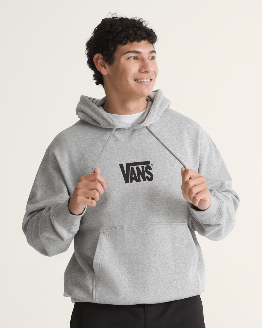 Men Vans Stretch Logo Pullover Hoodie in Cement Heather Grey