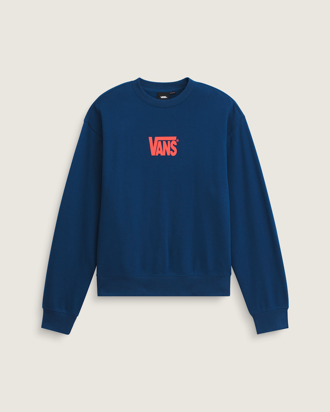 Men Vans Stretch Logo Crew Sweatshirt in Deep Indig Blue / Flame Red