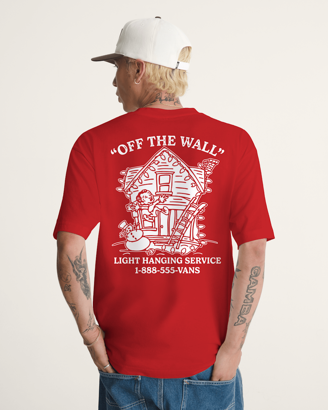 Men Vans Deck the Walls T-Shirt in Red