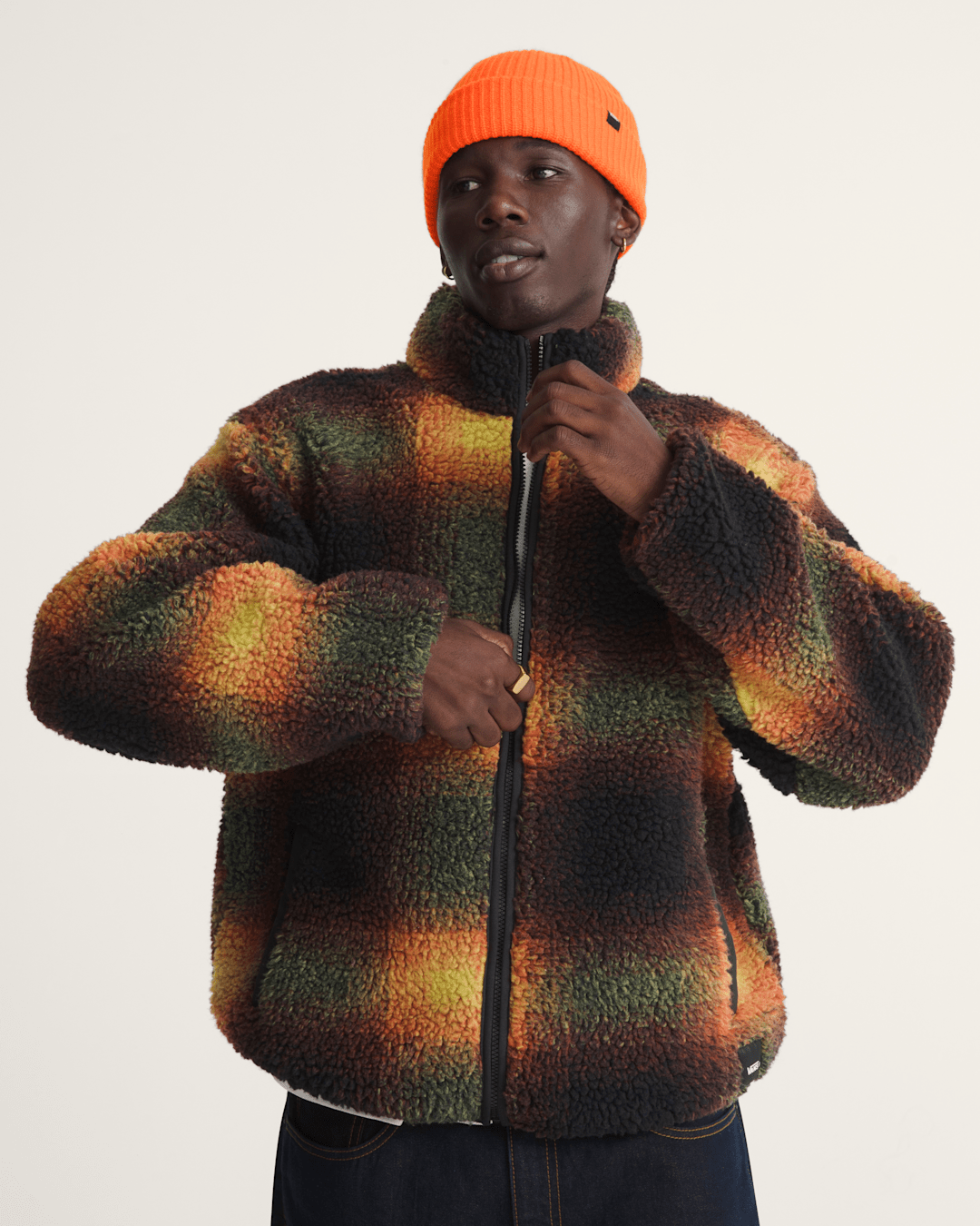 Men Vans Heights High Pile Jacket in Green / Mustard Yellow