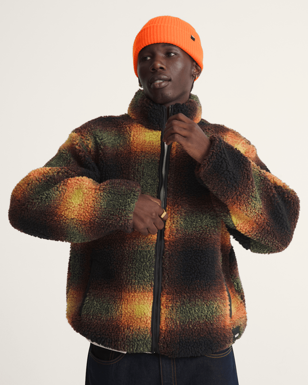 Men Vans Heights High Pile Jacket in Green / Mustard Yellow
