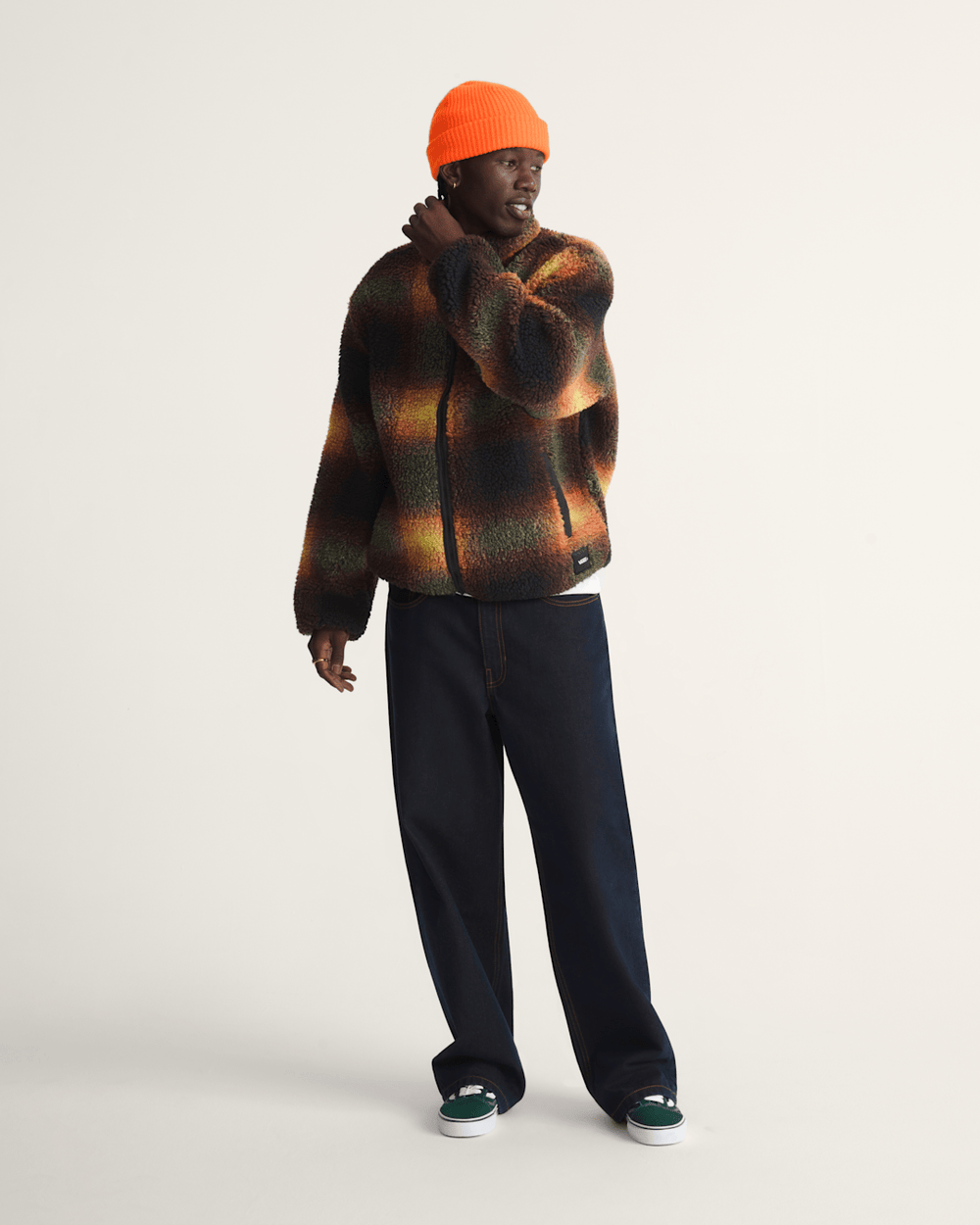 Men Vans Heights High Pile Jacket in Green / Mustard Yellow