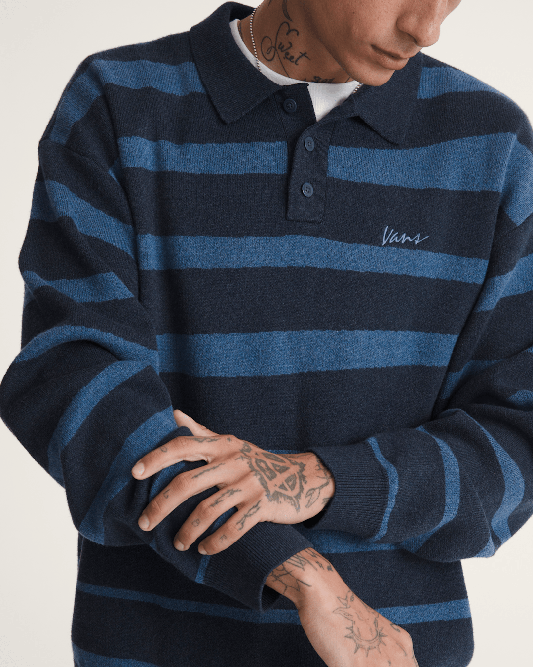 Men Vans Davis Stripe Polo Sweater in Parisian Night Blue