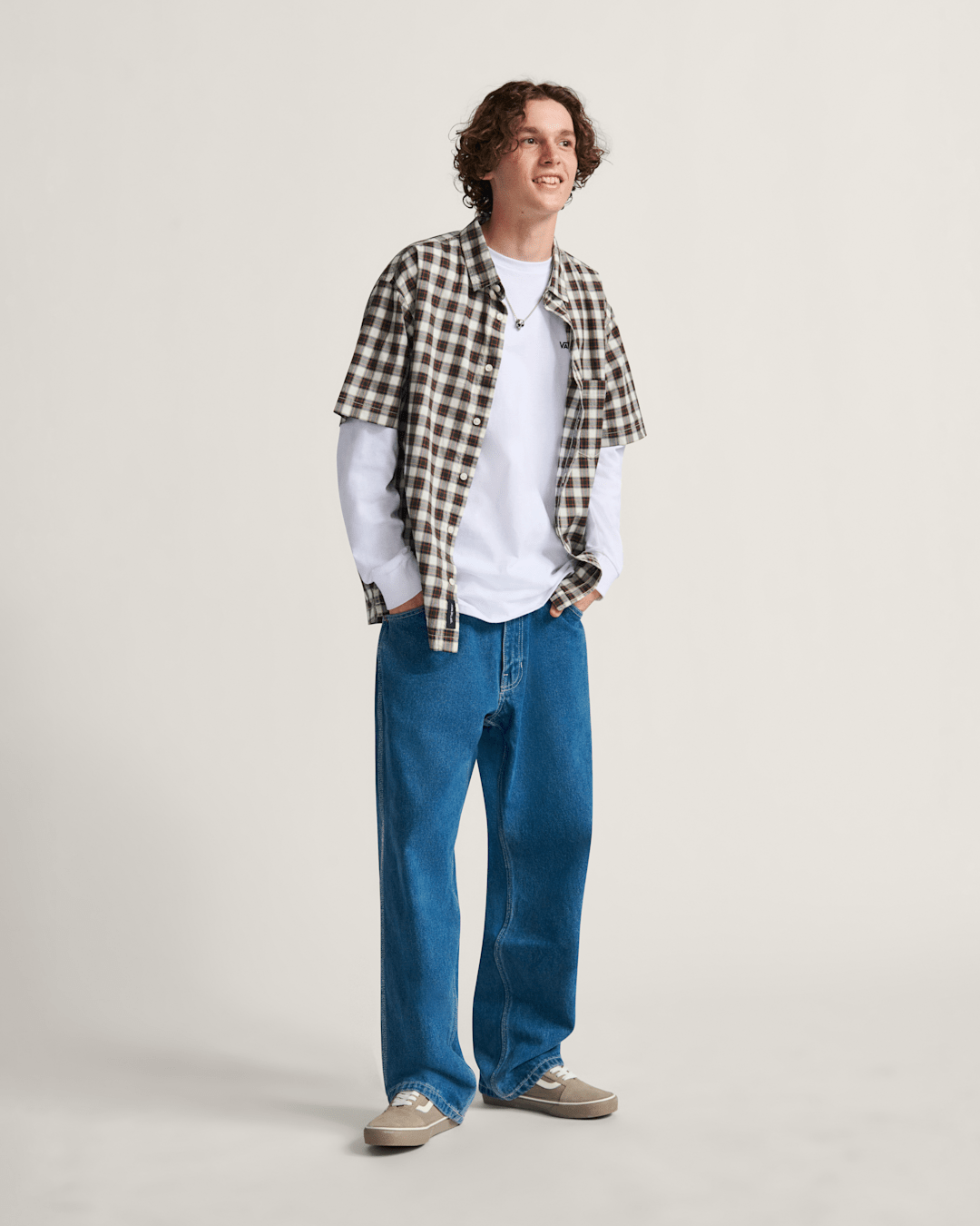 Men Vans Monte Plaid Button Up Shirt in Egret White