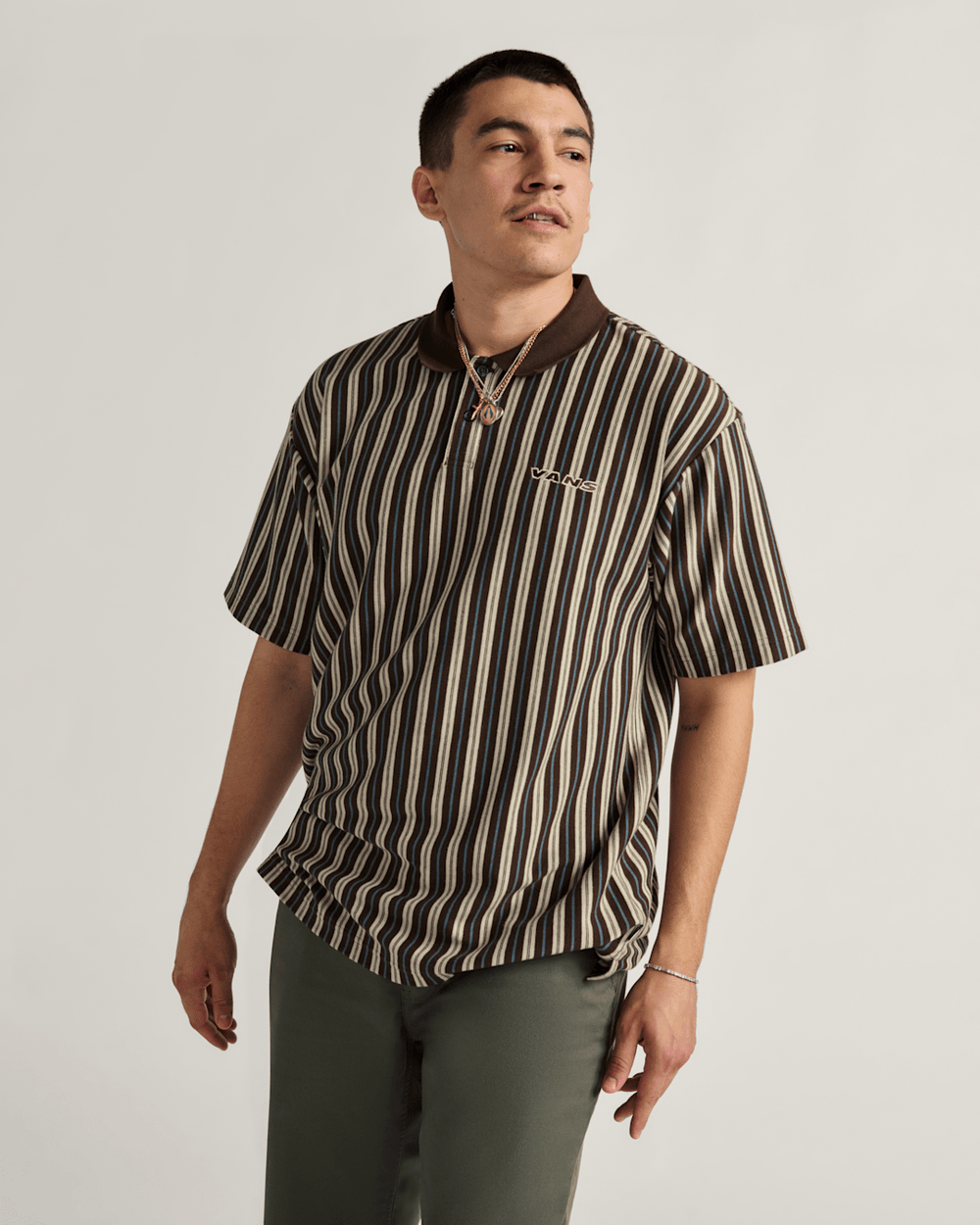 Men Vans Layton Stripe Polo Shirt in Demitasse Brown