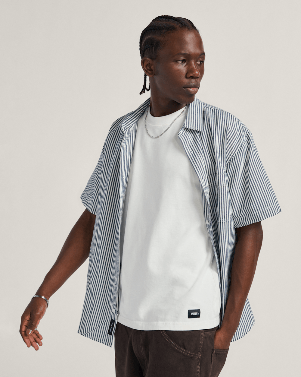 Men Vans Lawson Stripe Button Up Shirt in White / Dress Blues