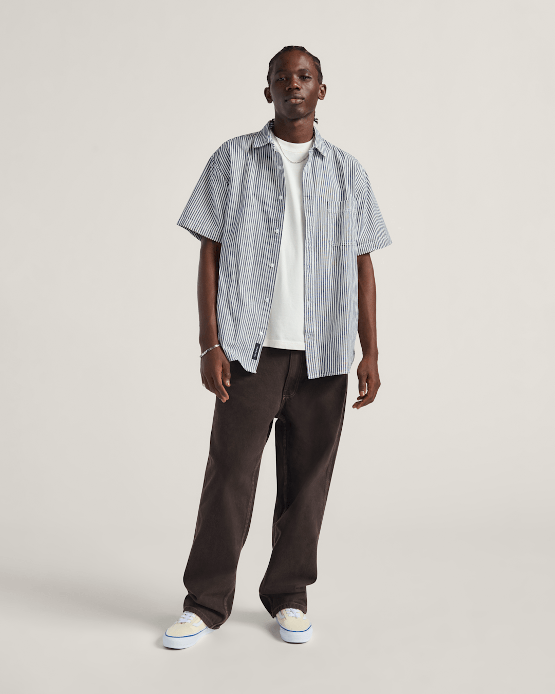 Men Vans Lawson Stripe Button Up Shirt in White / Dress Blues