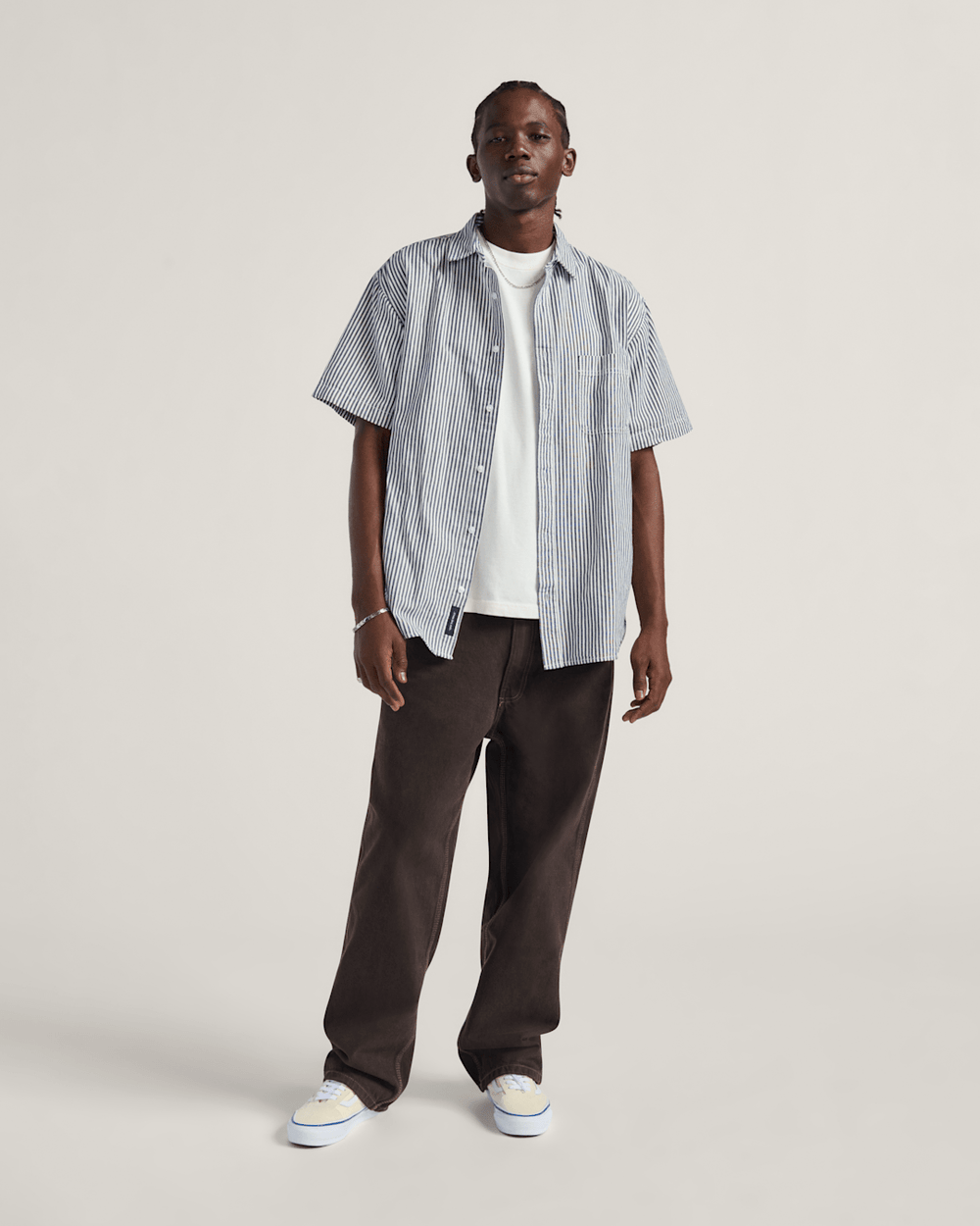 Men Vans Lawson Stripe Button Up Shirt in White / Dress Blues
