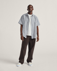 Men Vans Lawson Stripe Button Up Shirt in White / Dress Blues