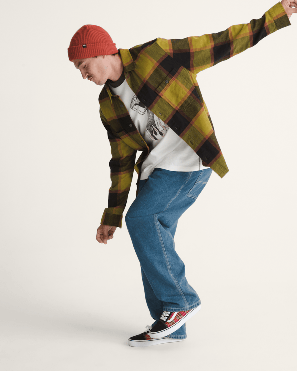 Men Vans Larkspur Plaid Flannel Shirt in Burnt Gold Yellow / Black