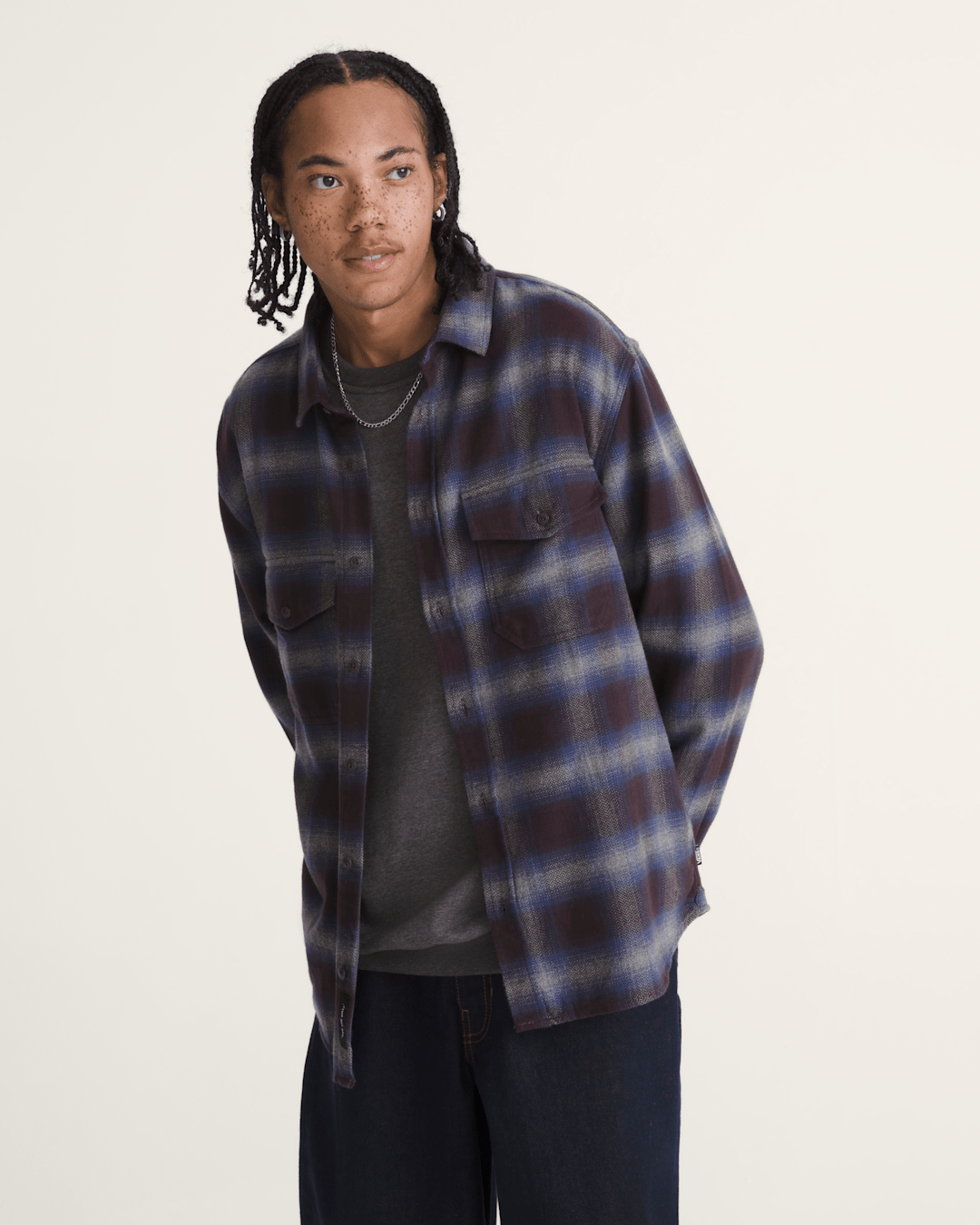 Men Vans Bixby Plaid Flannel Shirt in Dark Port Red / Pewter Heather Grey