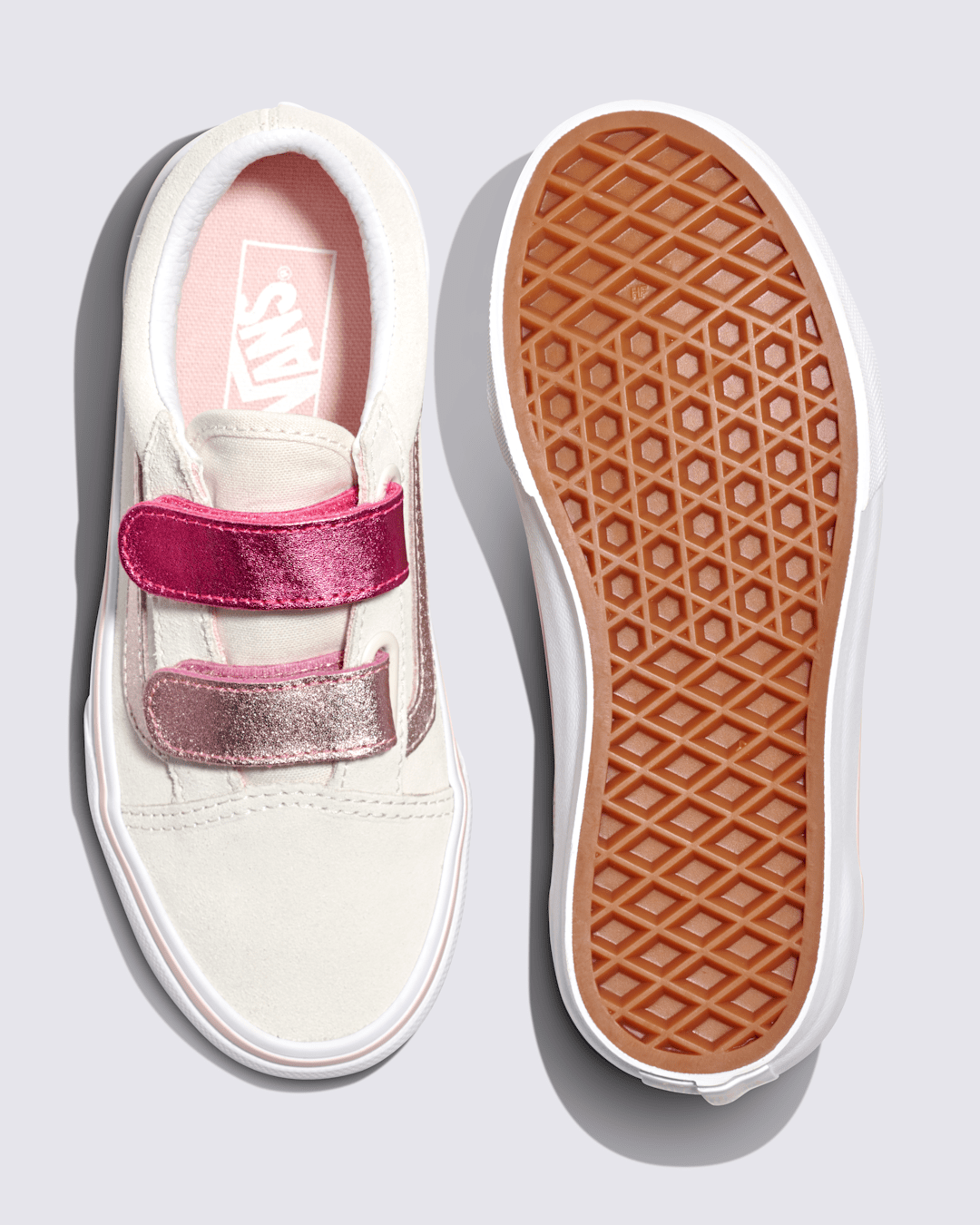 Kids Vans Little Kids Old Skool V Shoe in Marshmallow White / Metallic Pink