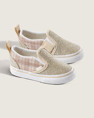Kids|Sale Vans Toddler Classic Slip-On V Shoe in Glitter Plaid Incense Brown