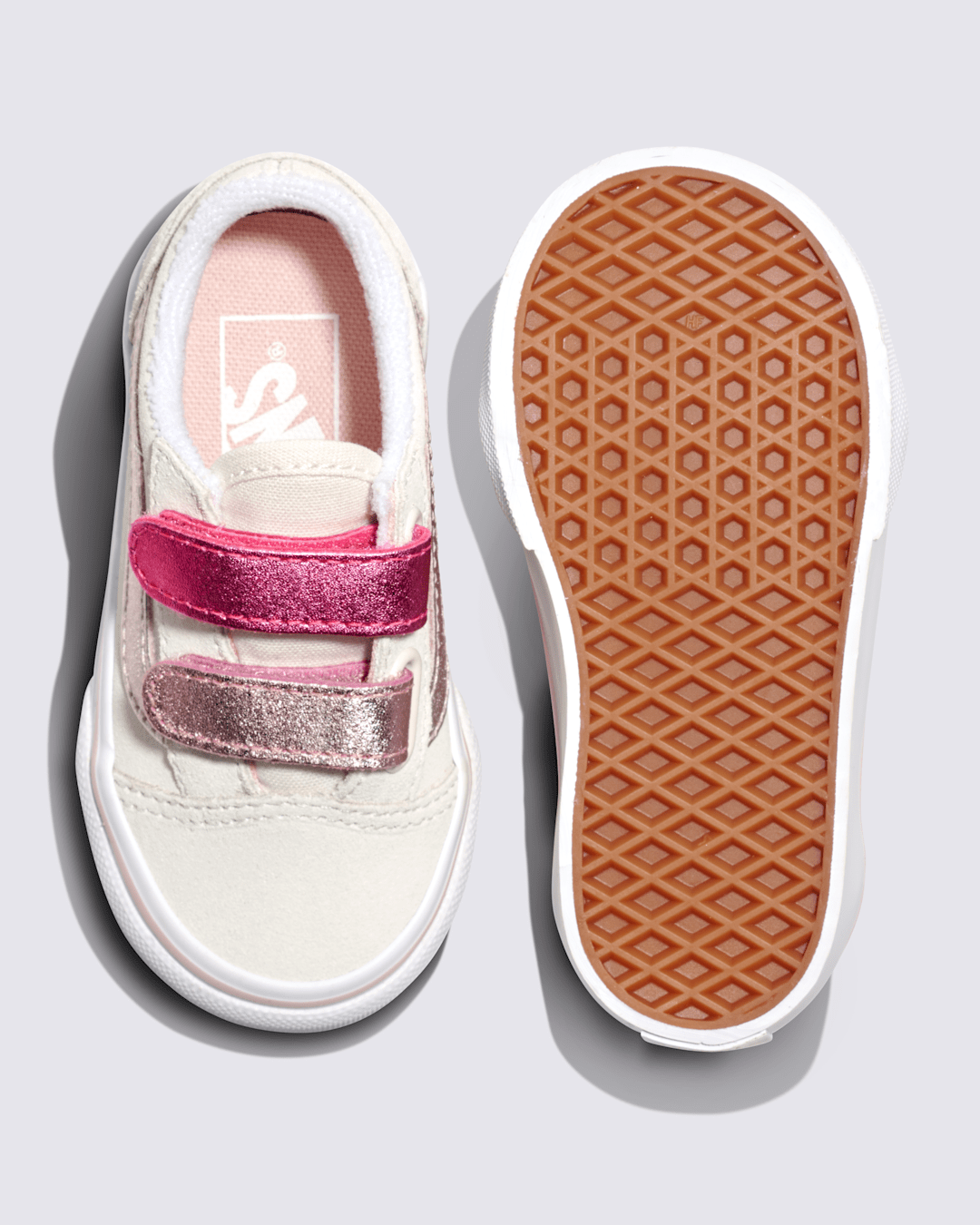 Kids|Sale Vans Toddler Old Skool V Shoe in Metallic Marshmallow White / Pink