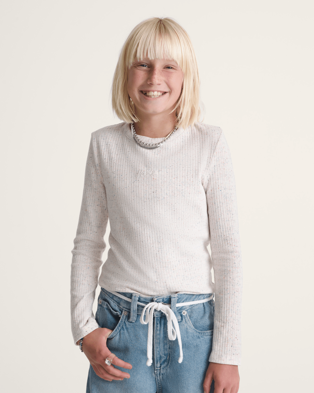 Kids Vans Kids Teri Confetti Rib Long Sleeve Shirt in Marshmallow White